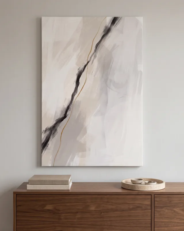 Leinwandbild – Abstrakter Pinselstrich in Creme und Gold