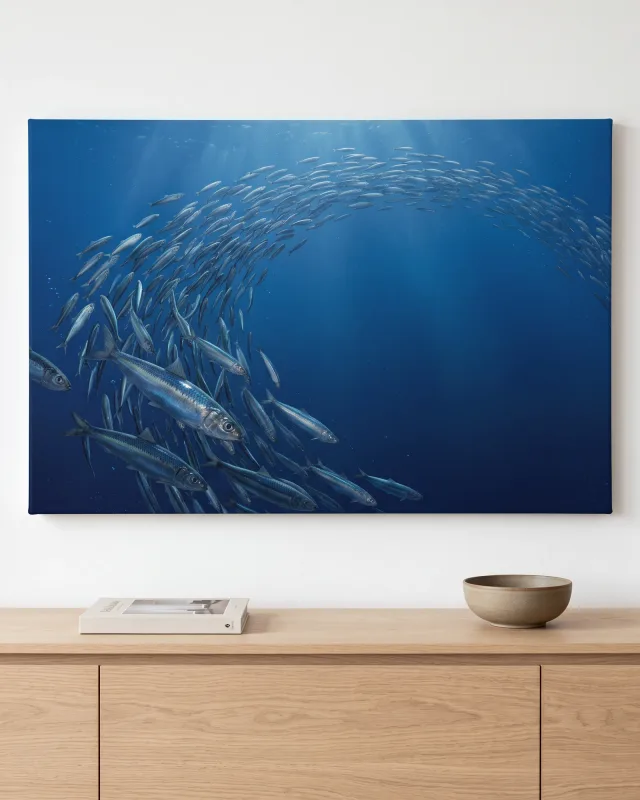 Leinwandbild – Silberne Fischschwarm in kobaltblauem Wasser