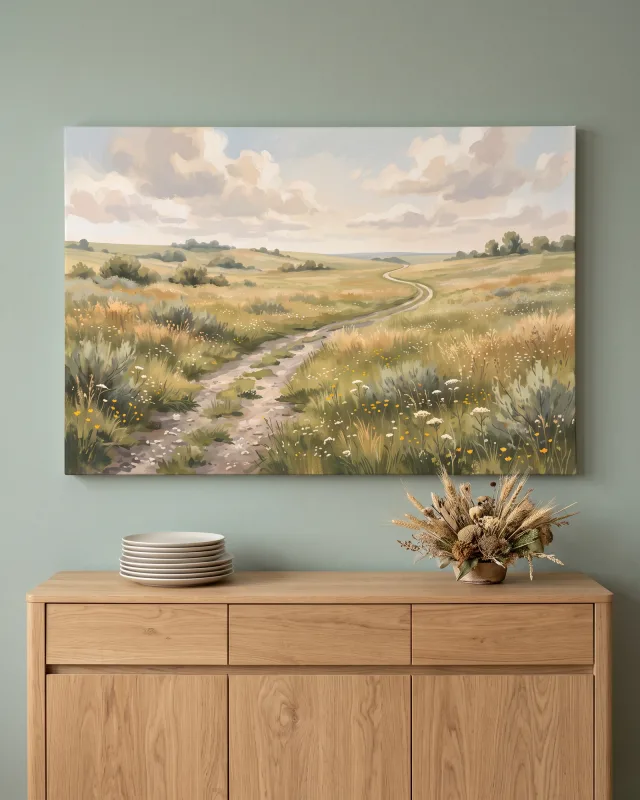 Leinwandbild – Feldweg durch ockerfarbene Sommerhügel