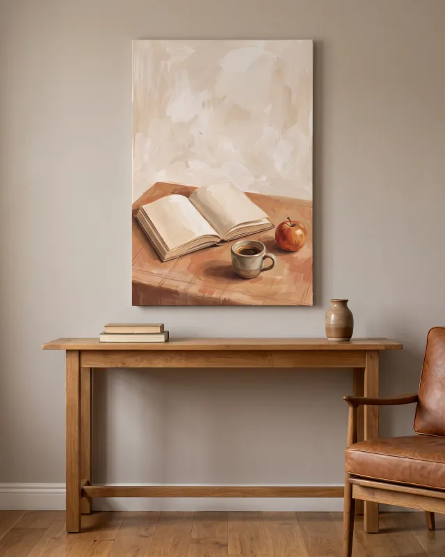 Leinwandbild – Kaffee und roter Apfel neben einem offenen Buch