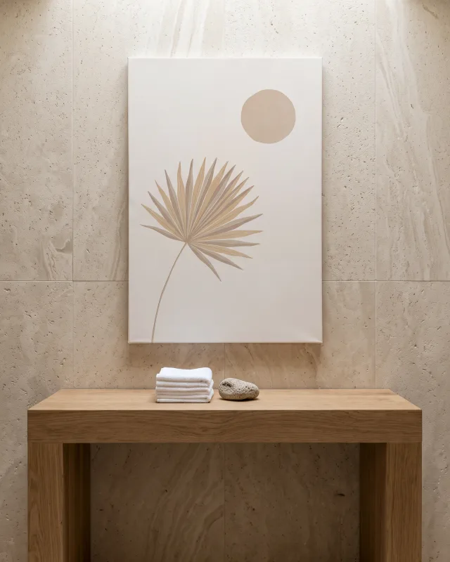 Leinwandbild – Fächerblatt und Kreis in Beige