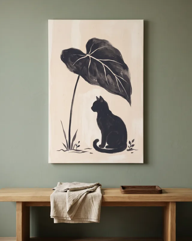 Leinwandbild – Katze unter herzförmigem dunklem Blatt
