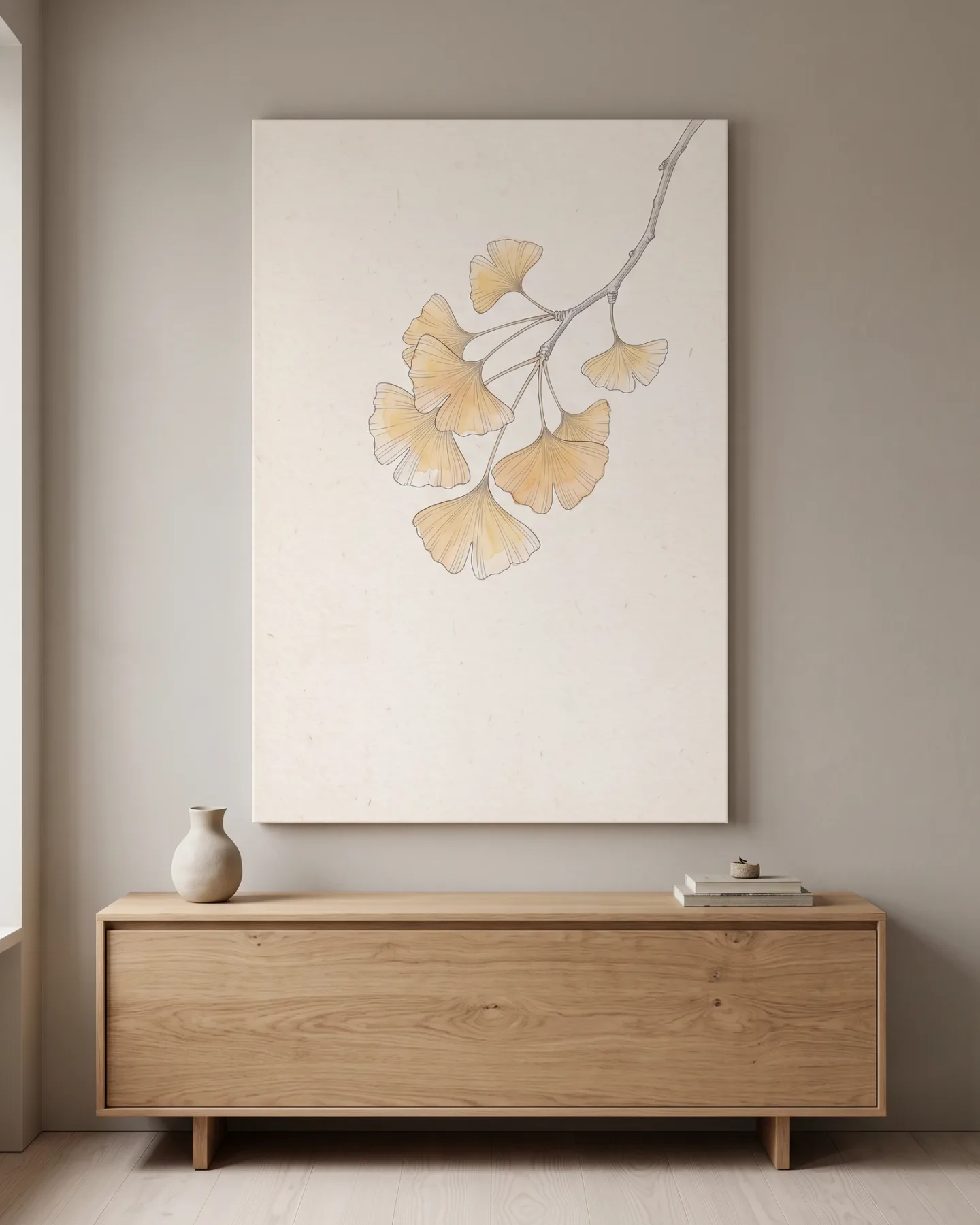 Leinwandbild – Goldgelber Ginkgozweig mit feinen Linien