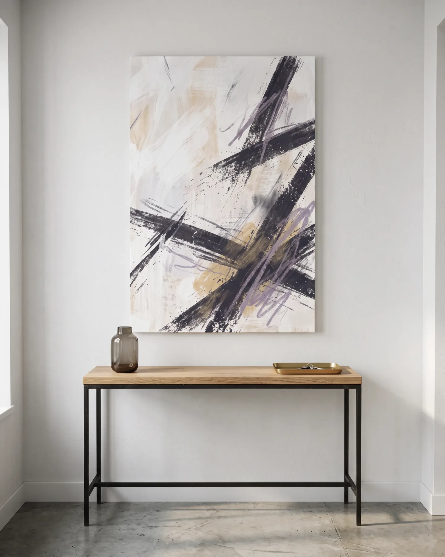 Leinwandbild – Abstrakte Diagonalstriche in Schwarz und Beige