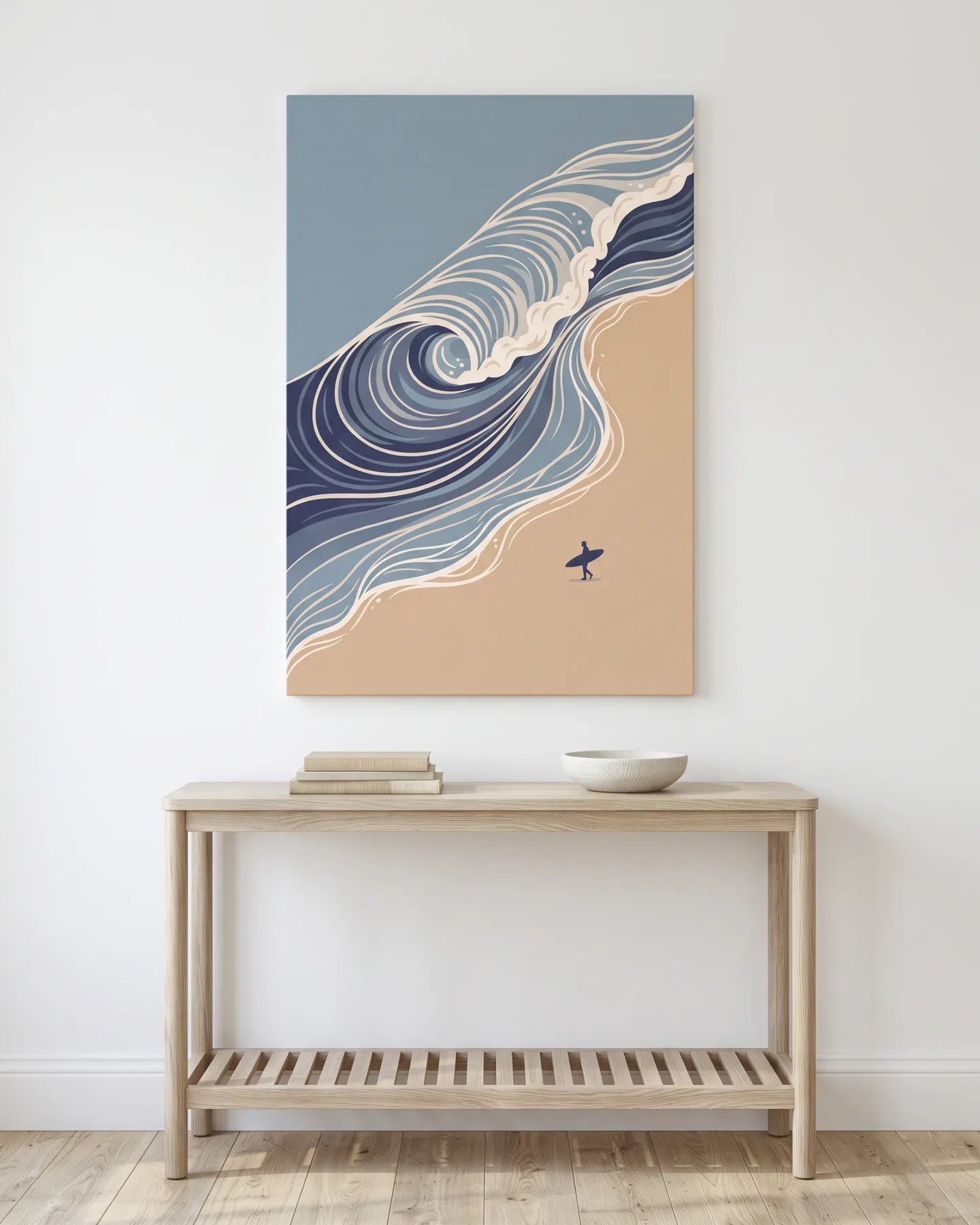Leinwandbild – Surfer am Strand vor türkisblauer Welle