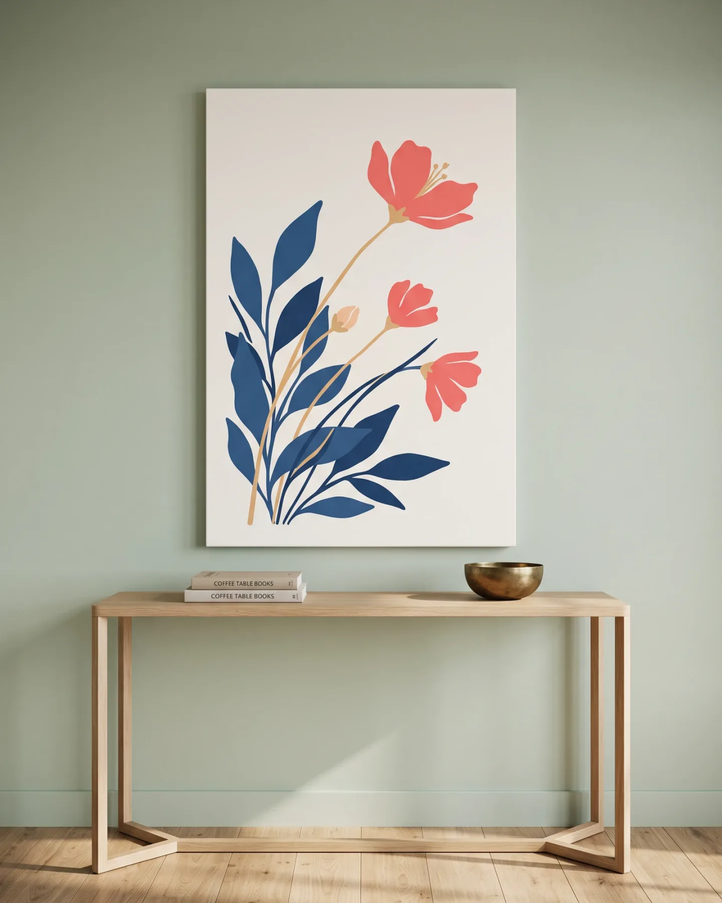 Leinwandbild – Blumenillustration mit korallrosa Blüten und blauen Blättern