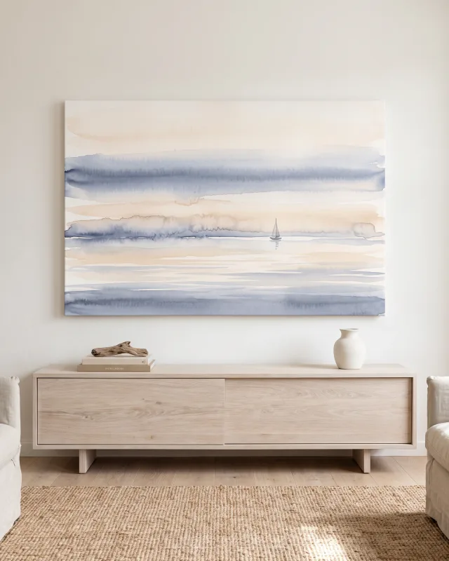 Canvas print – Small Sailboat in Pale Water Bands