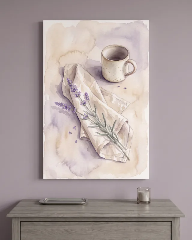 Leinwandbild – Tasse mit Lavendel und cremefarbenem Leinen