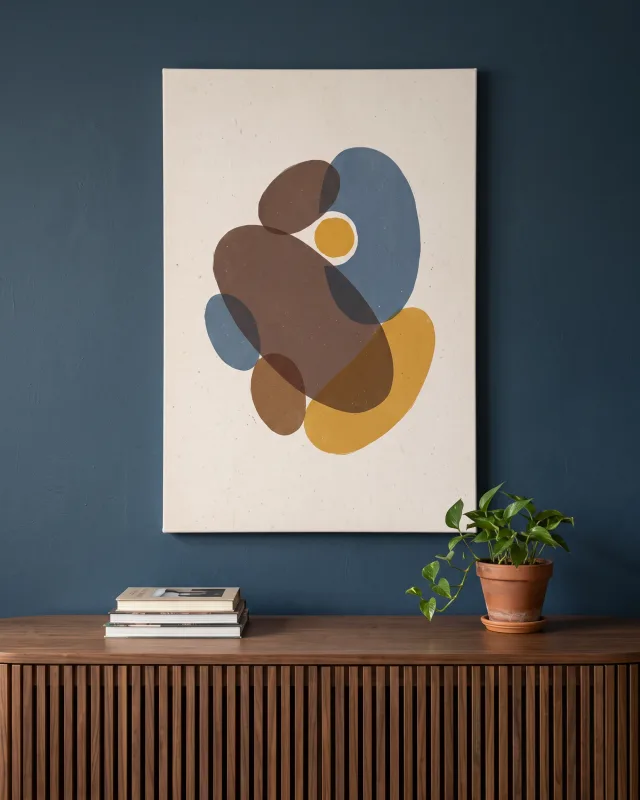Leinwandbild – Graublaue Rundformen mit senfgelbem Schwung