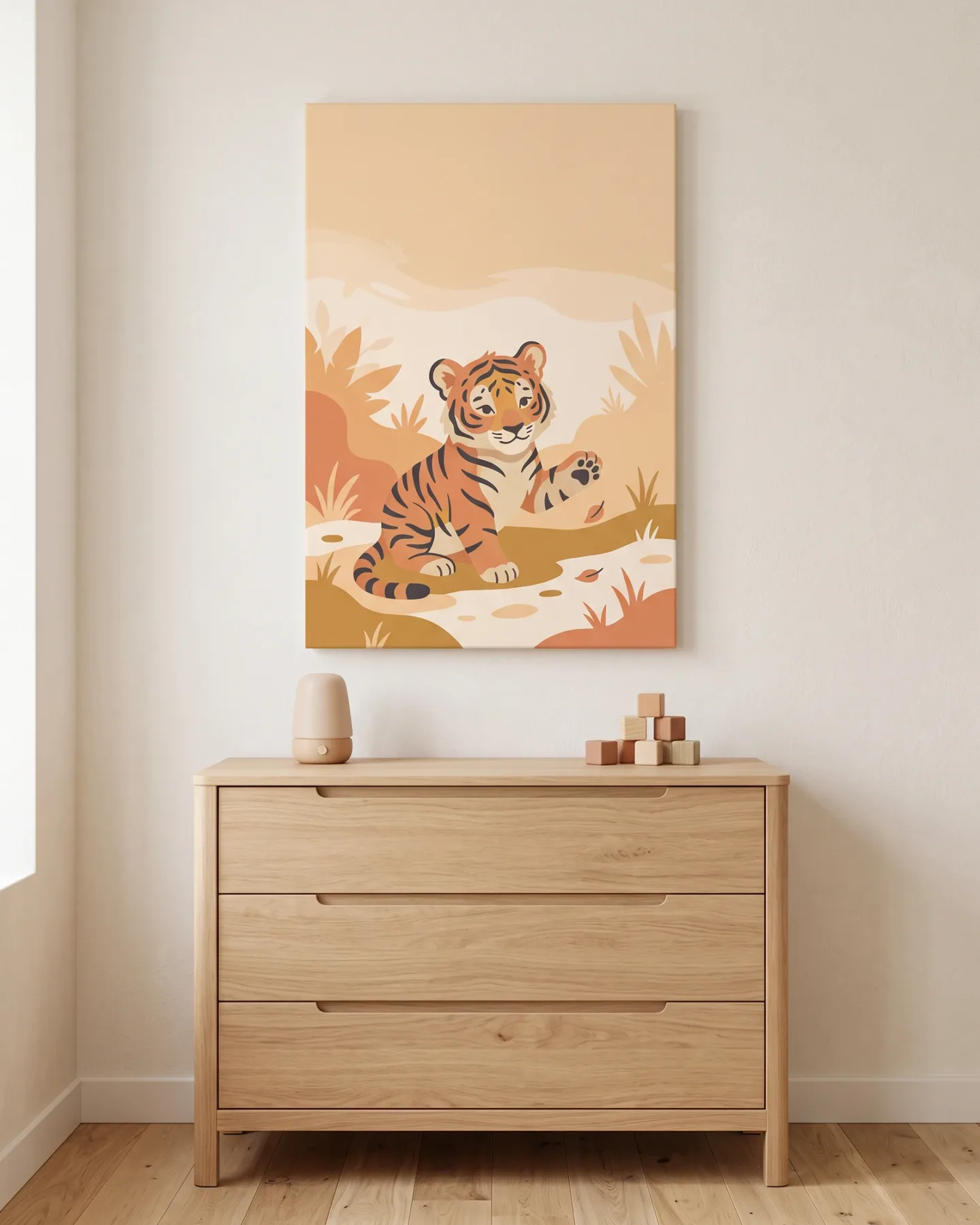Leinwandbild – Verspieltes Tigerjunges in einer stilisierten Landschaft