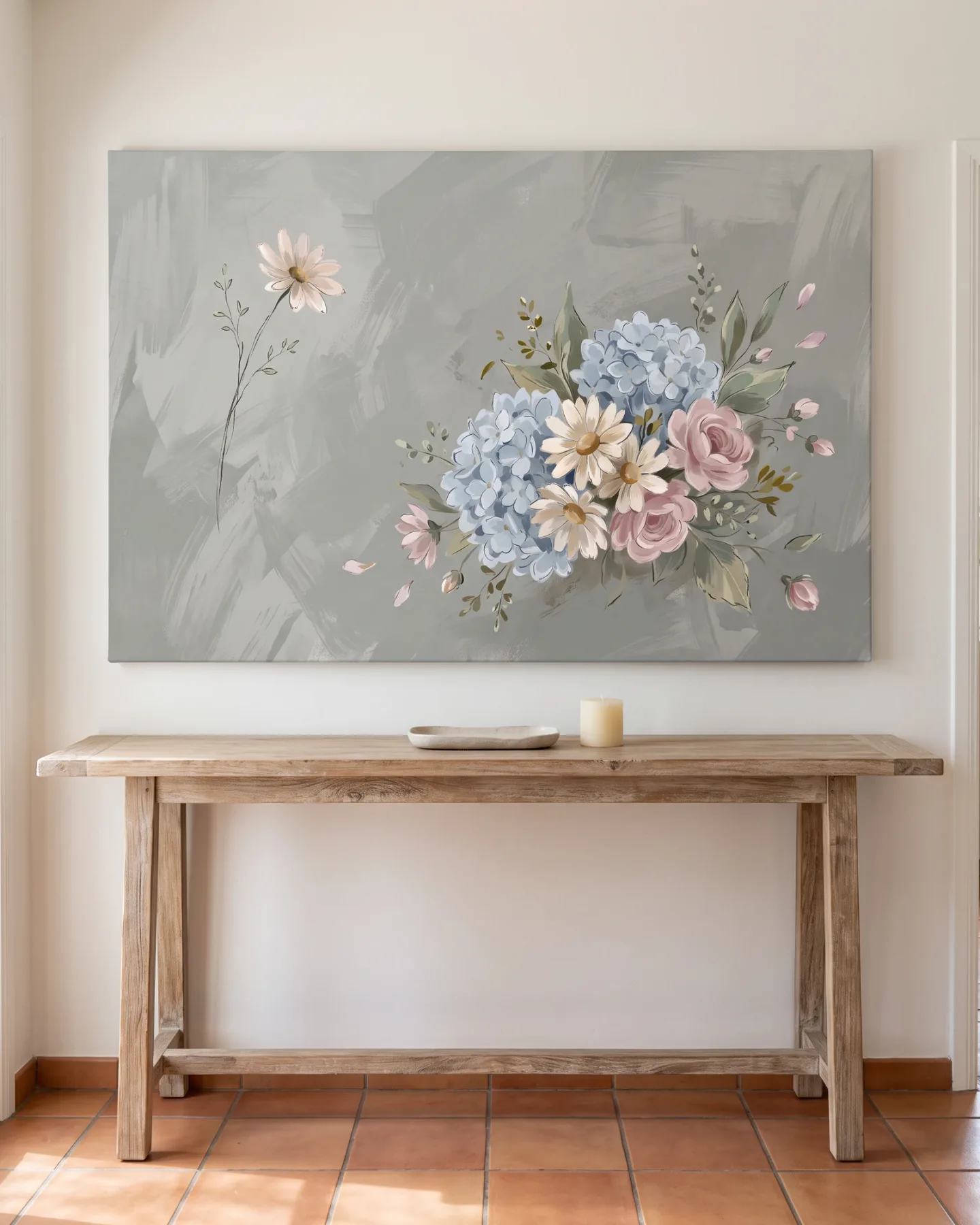 Leinwandbild – Blumenstrauß mit Hortensien, Rosen und Margeriten