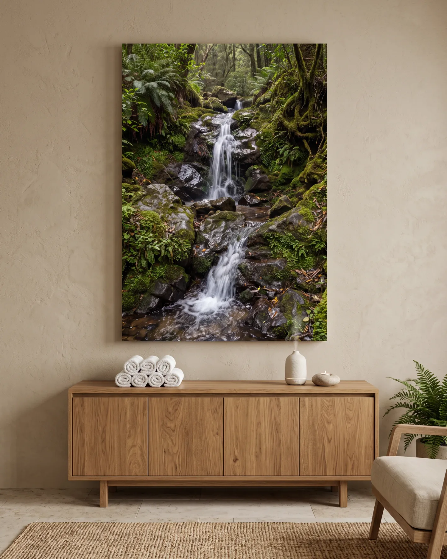 Leinwandbild – Helles Wasser zwischen Farnen und Moosfelsen