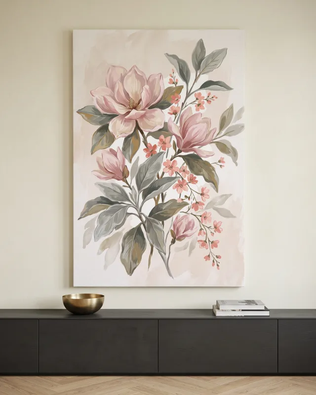 Leinwandbild – Rosa Blüten und salbeigrüne Blätter