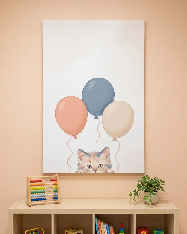 Leinwandbild – Kätzchen mit drei Luftballons