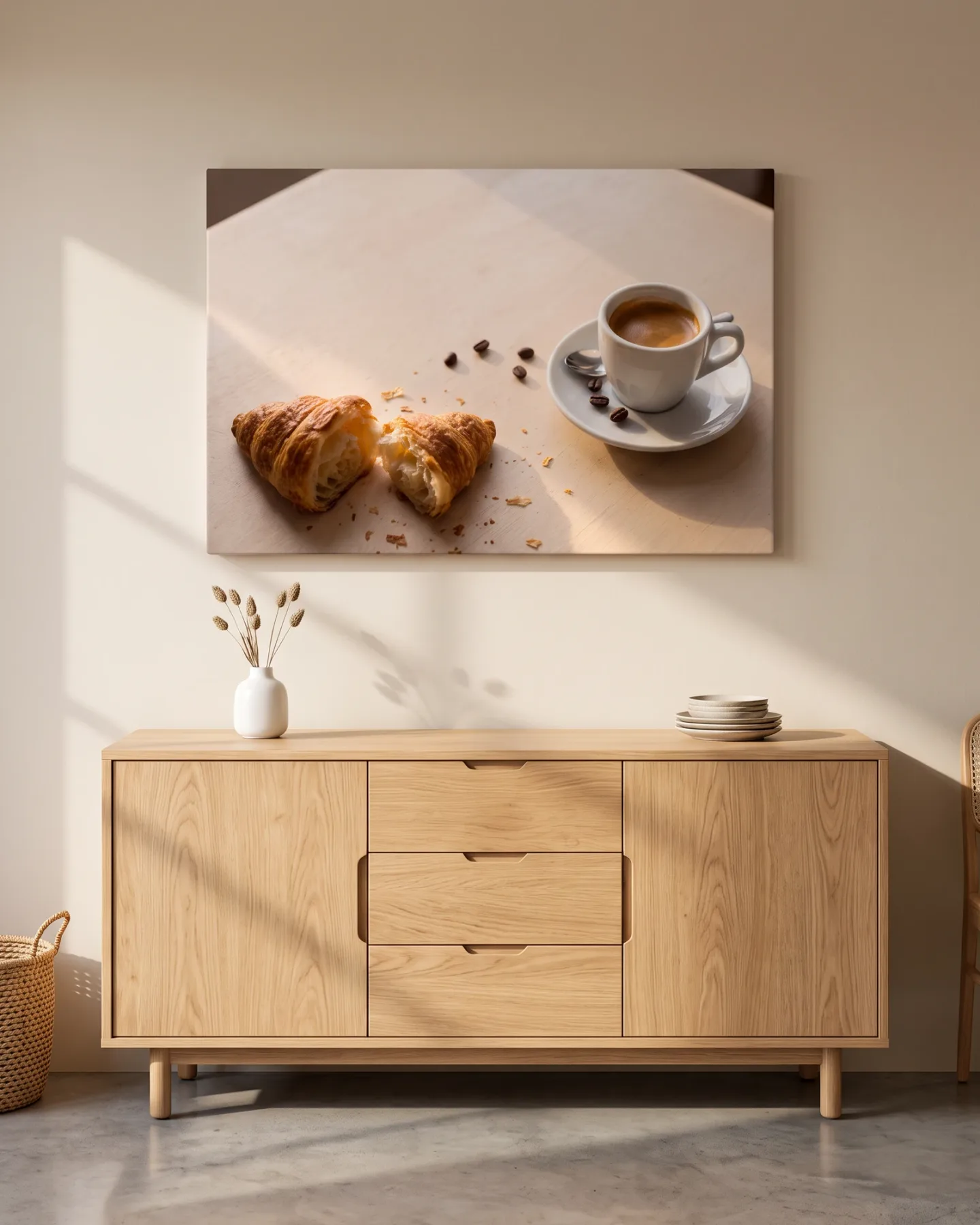 Leinwandbild – Espresso und Croissant auf hellem Tisch