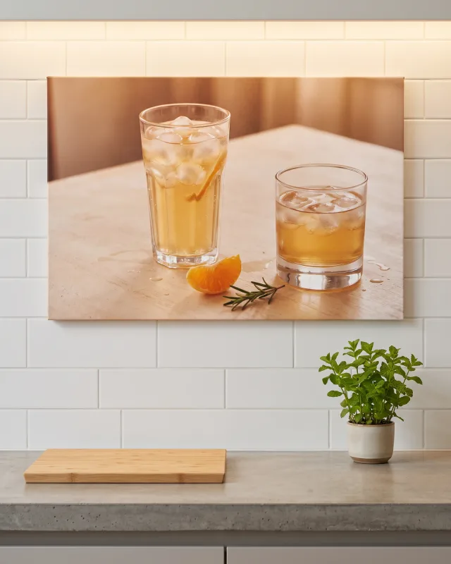 Leinwandbild – Eisgekühlte Zitrusgetränke mit Orange und Rosmarin