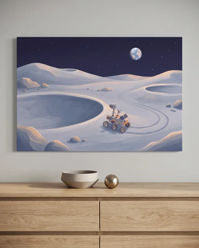 Leinwandbild – Mondlandschaft mit Forschungsrover