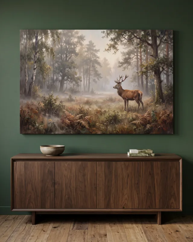 Leinwandbild – Hirsch zwischen Farnen im Nebelwald