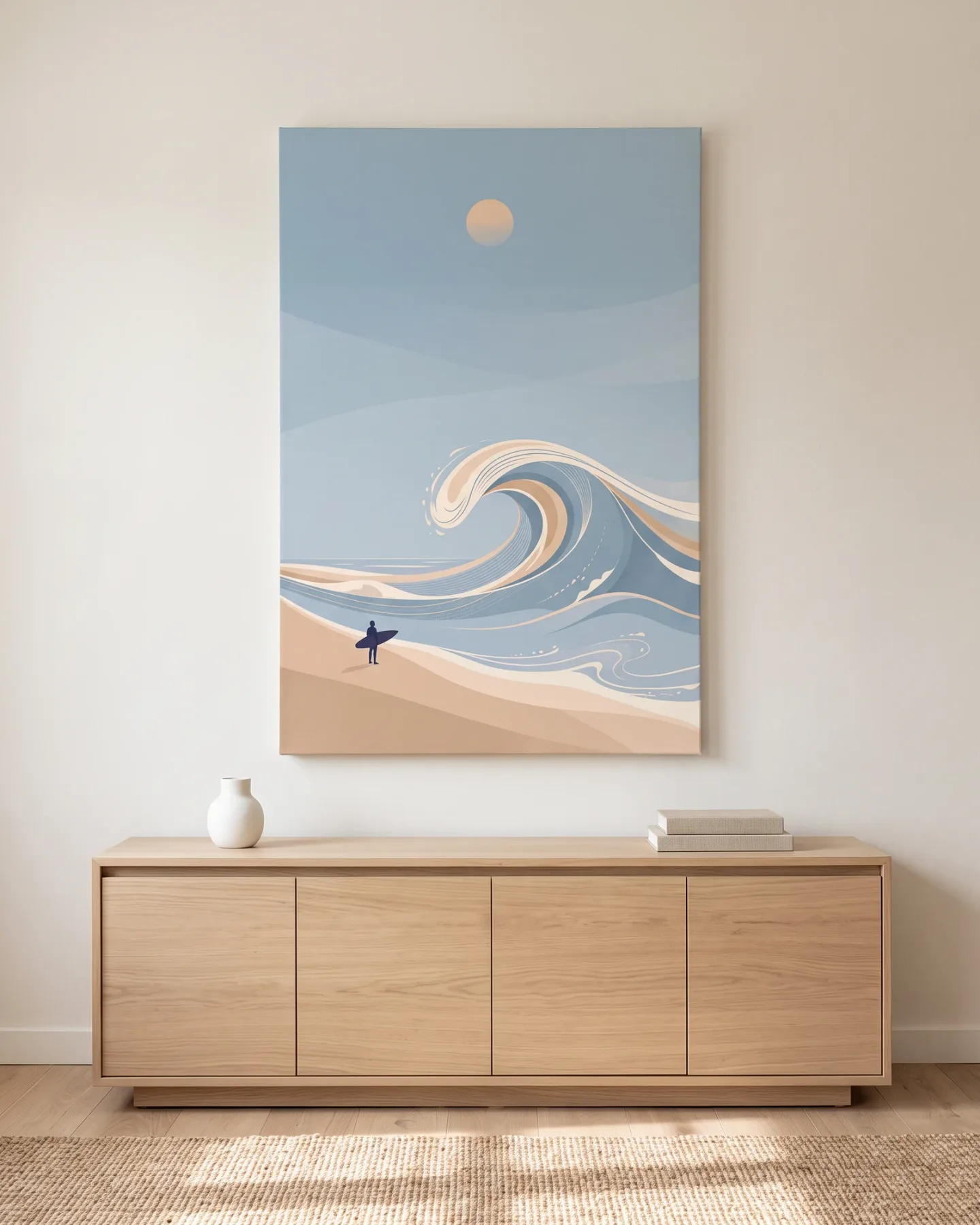 Leinwandbild – Kleine Surferfigur vor großer Pastellwelle