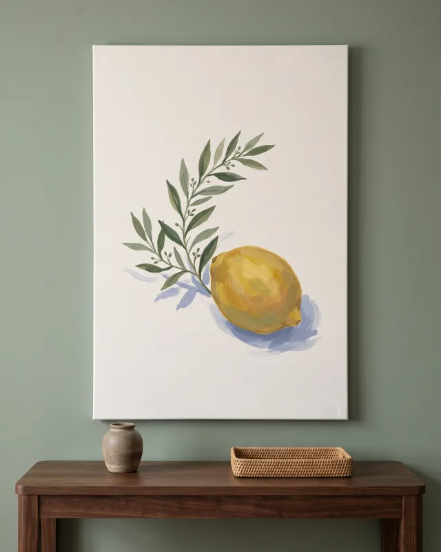 Canvas print – Lemon beneath a Diagonal Leafy Branch