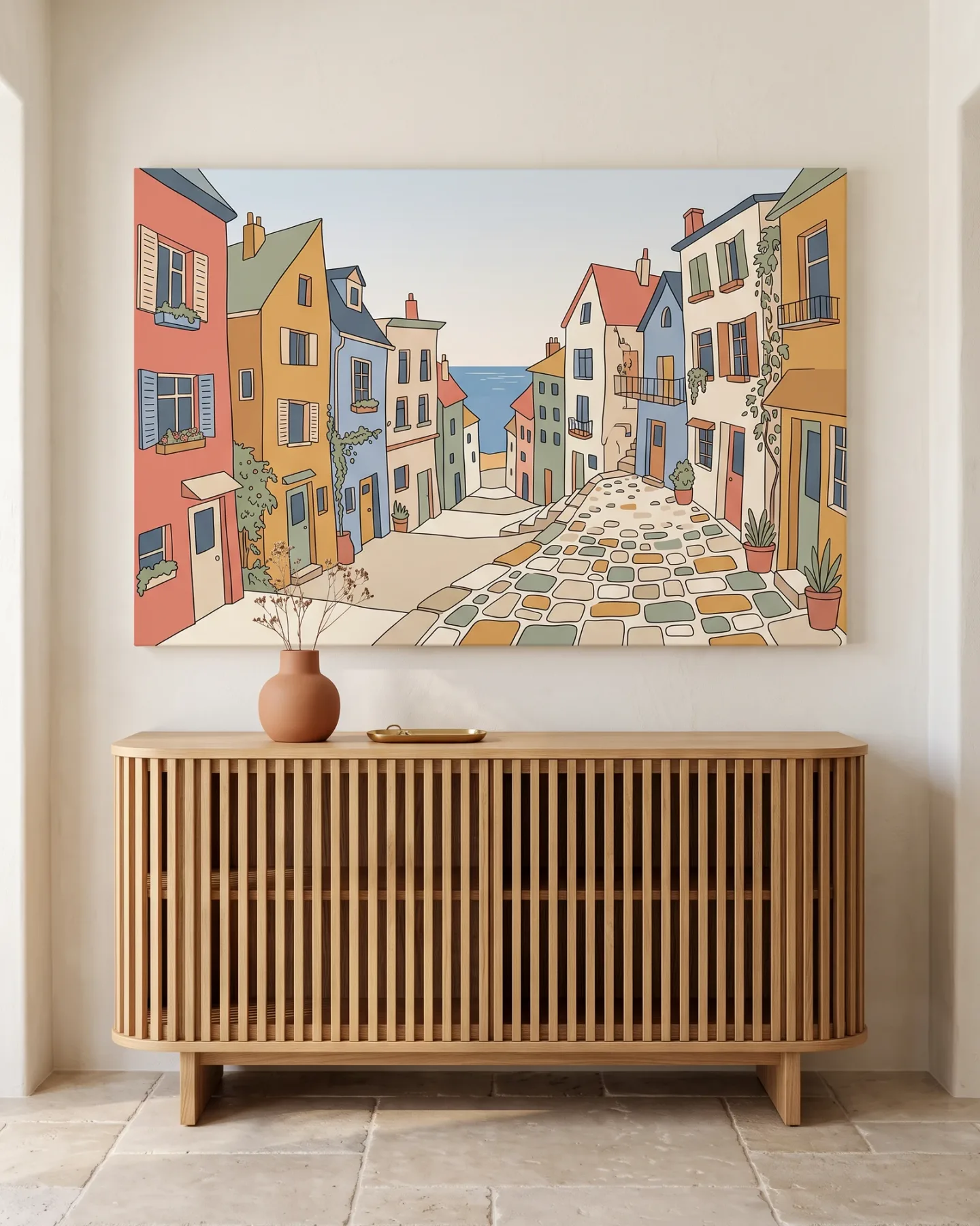 Leinwandbild – Bunte Küstengasse mit Blick aufs Meer
