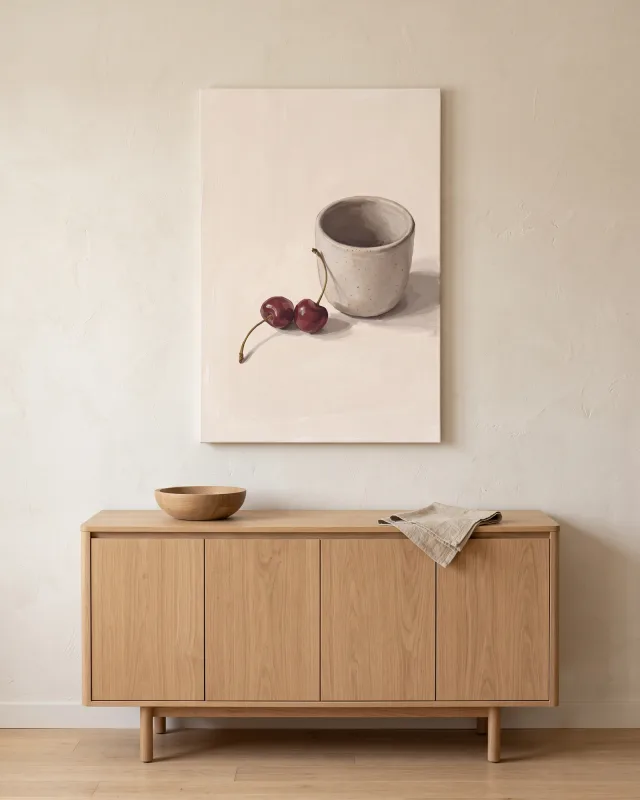 Leinwandbild – Gesprenkelte Tasse mit Kirschen und Schatten