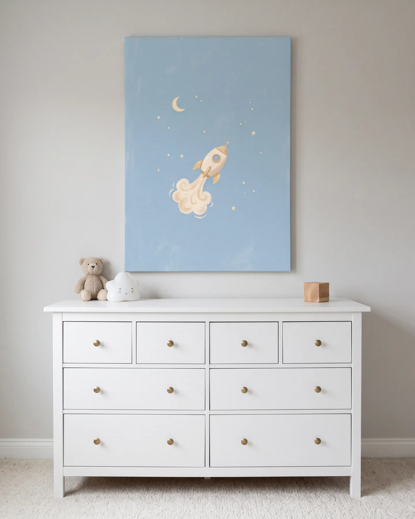 Leinwandbild – Kleine Rakete zwischen Mond und Sternen