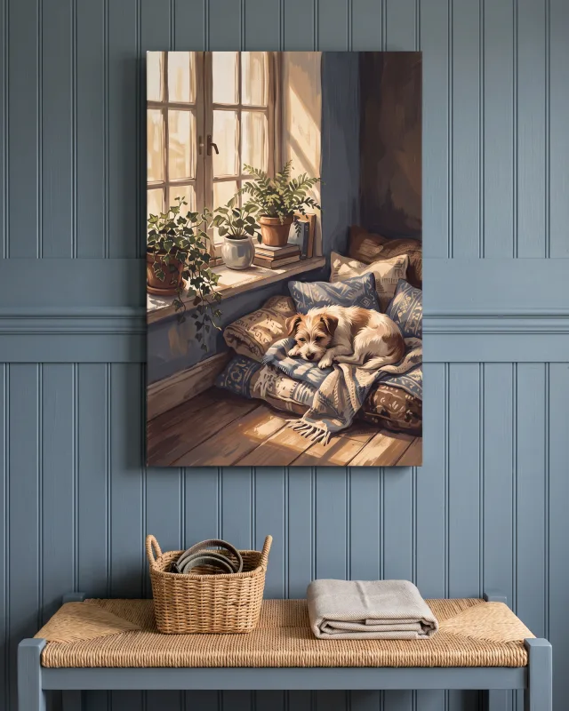 Leinwandbild – Kleiner Hund zwischen Kissen und Sonnenflecken