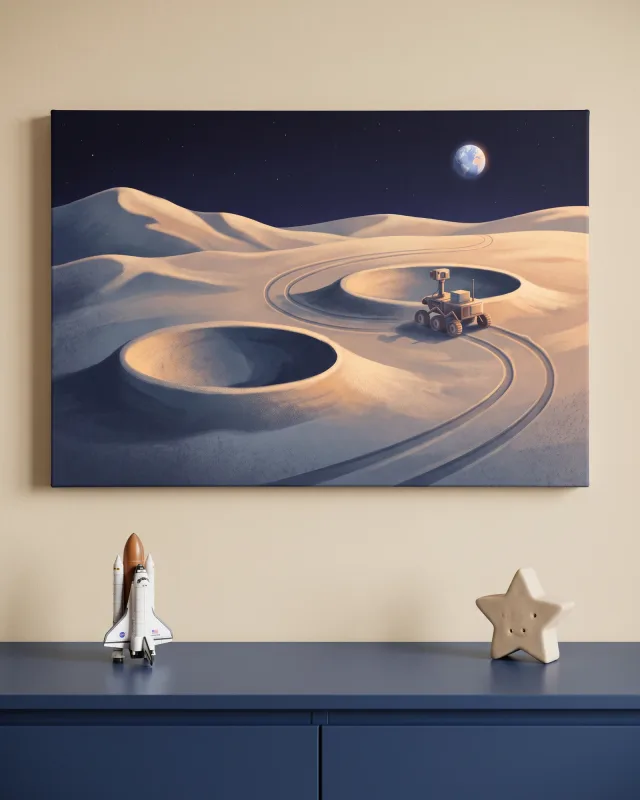 Leinwandbild – Rover auf einer mondähnlichen Dünenlandschaft