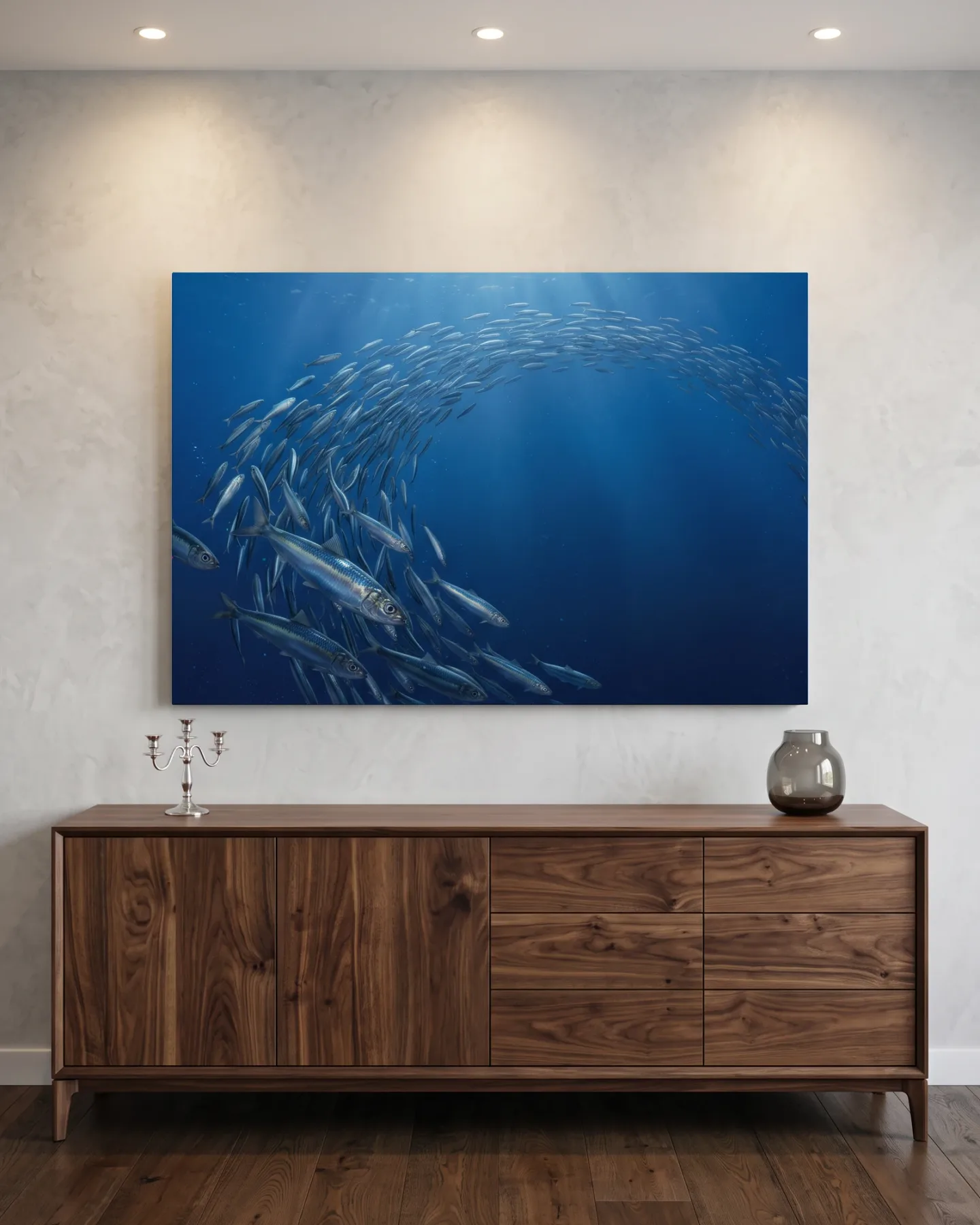 Leinwandbild – Silberne Fischschwarm in kobaltblauem Wasser