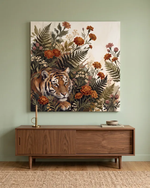 Leinwandbild – Tiger zwischen Blumen und Farnblättern
