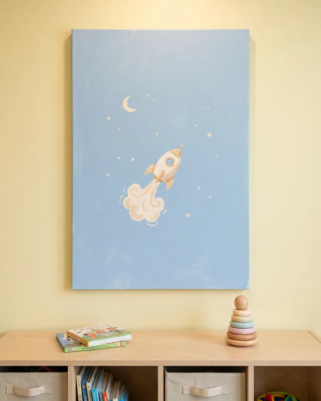 Leinwandbild – Kleine Rakete zwischen Mond und Sternen
