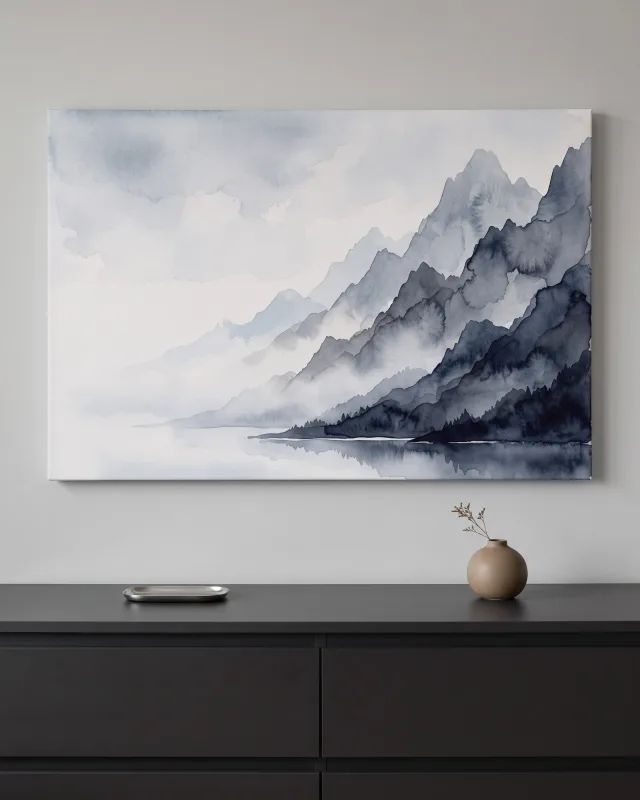 Leinwandbild – Dunkle Bergspitzen am rechten Seeufer
