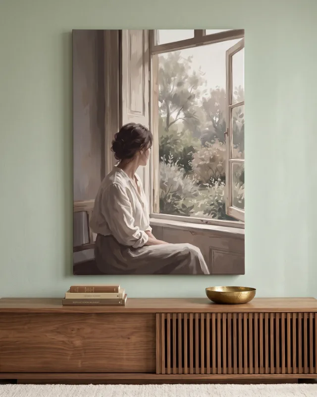 Leinwandbild – Frau am offenen Fenster