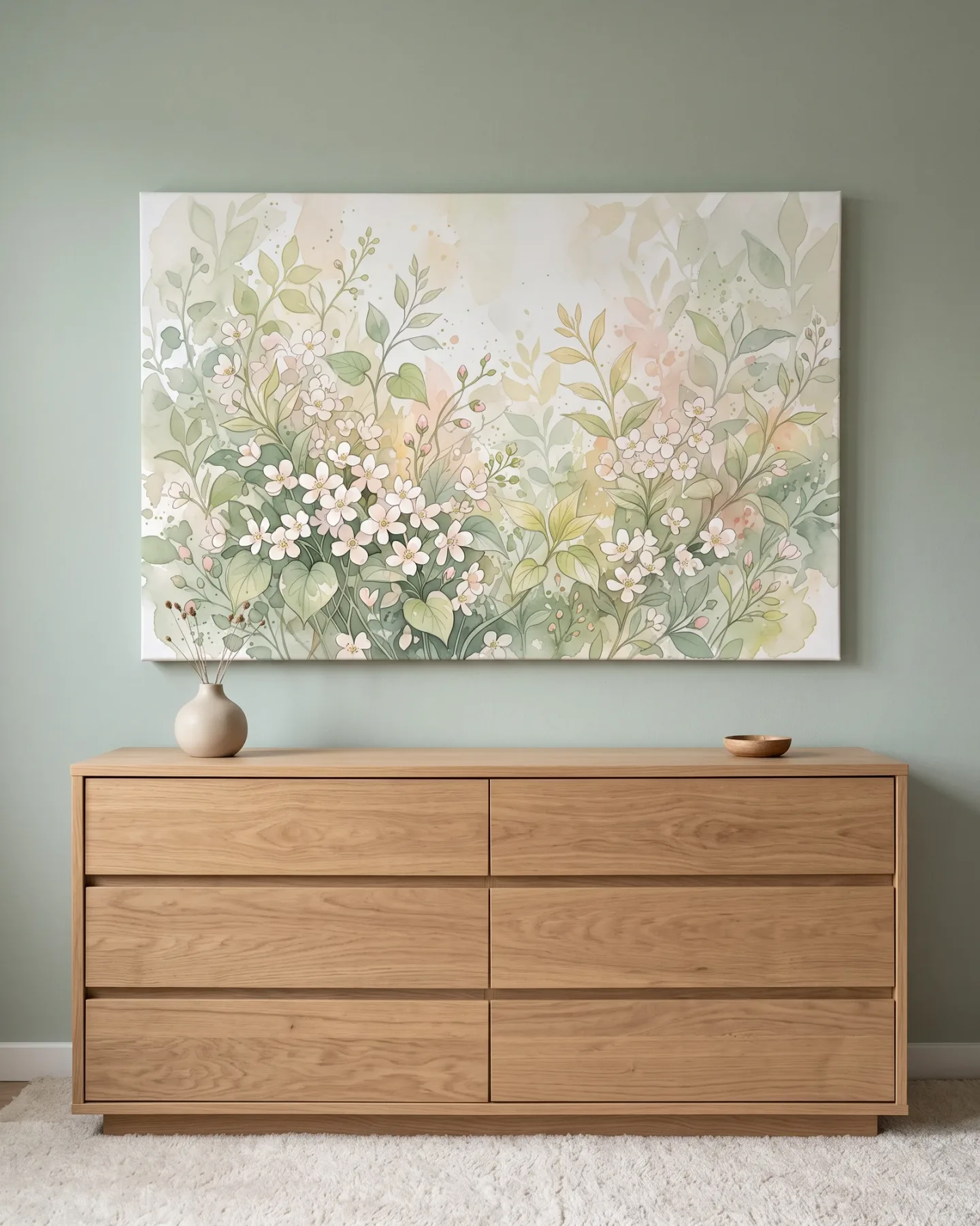 Leinwandbild – Weiße Blüten und rosa Knospen am Bildrand