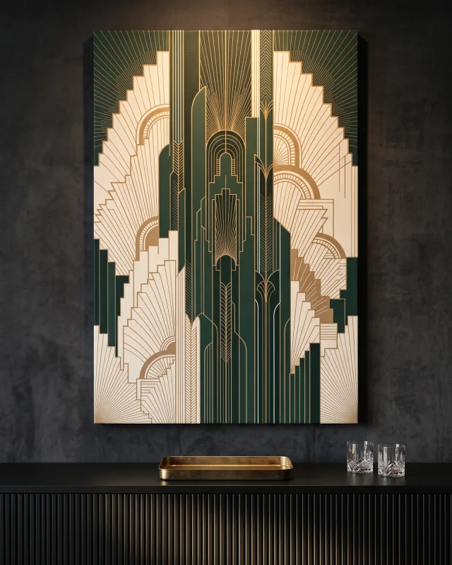 Leinwandbild – Art-Déco-Skyline in Grün und Gold