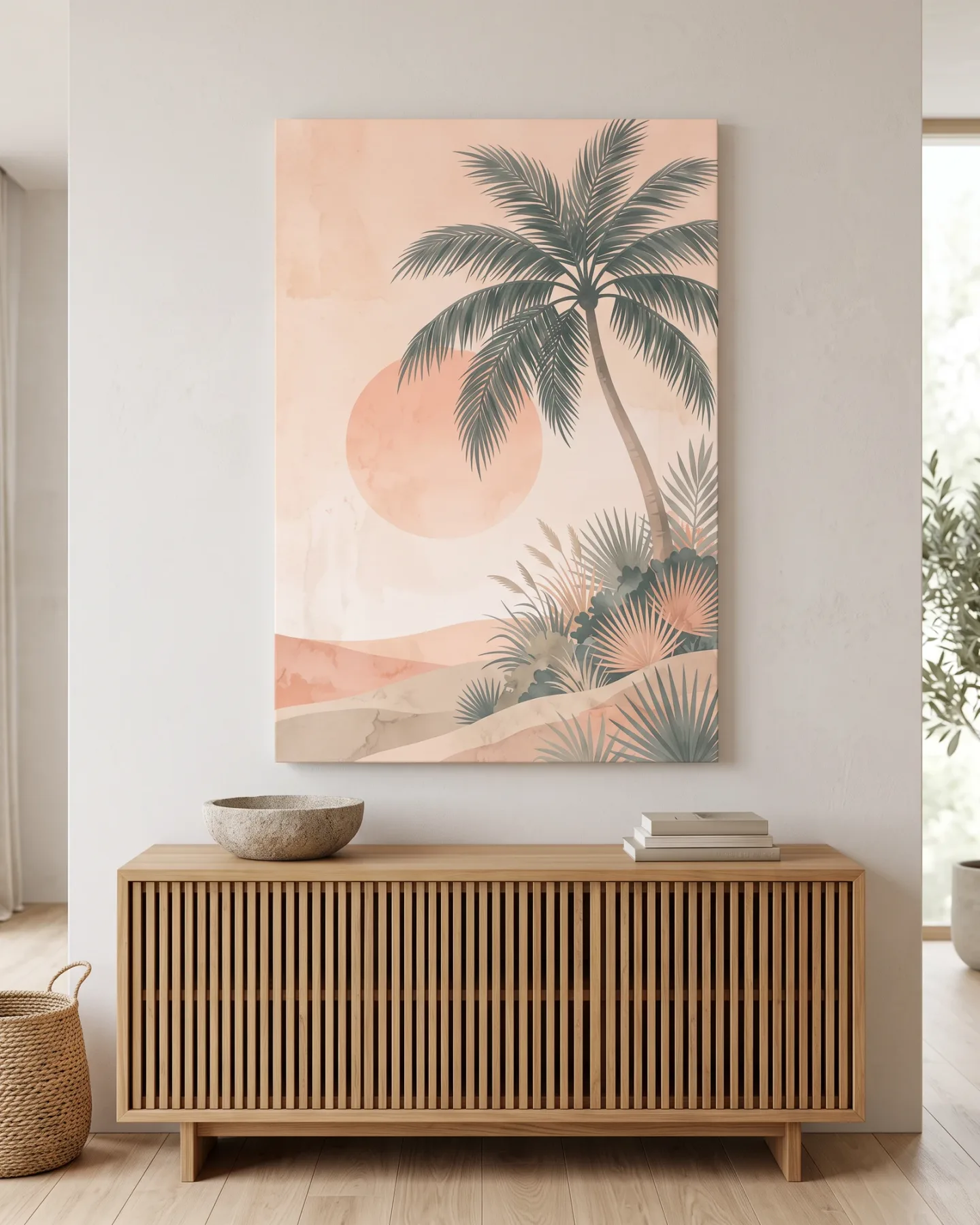 Leinwandbild – Hohe Palme neben pfirsichfarbener Sonne