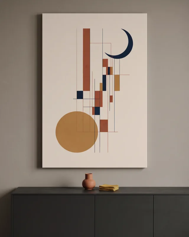 Leinwandbild – Sonne und Mondsichel in geometrischer Komposition