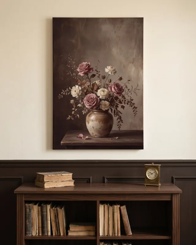 Leinwandbild – Zartrosa Rosen in einer erdfarbenen Vase