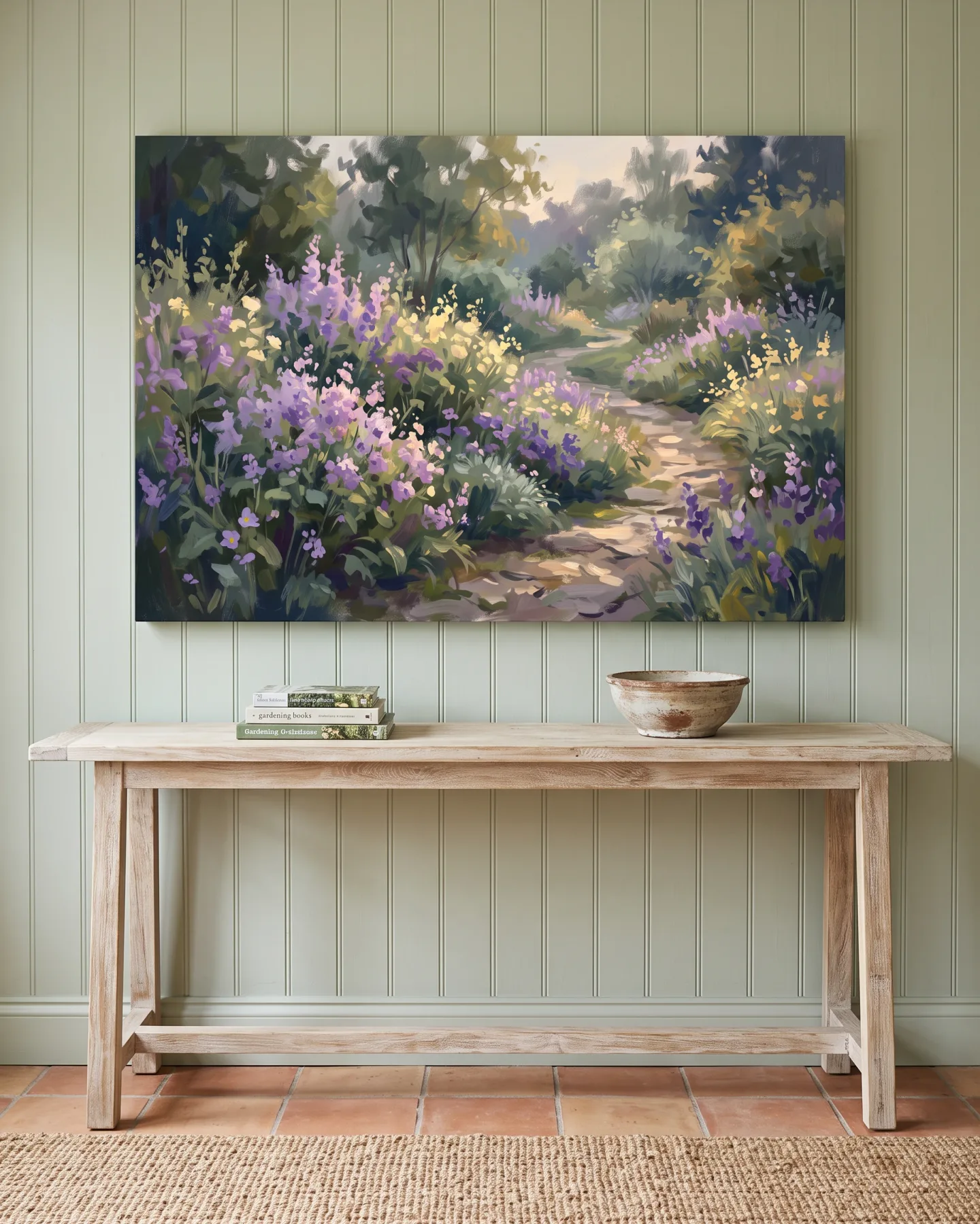 Leinwandbild – Geschwungener Gartenweg zwischen violetten Blüten
