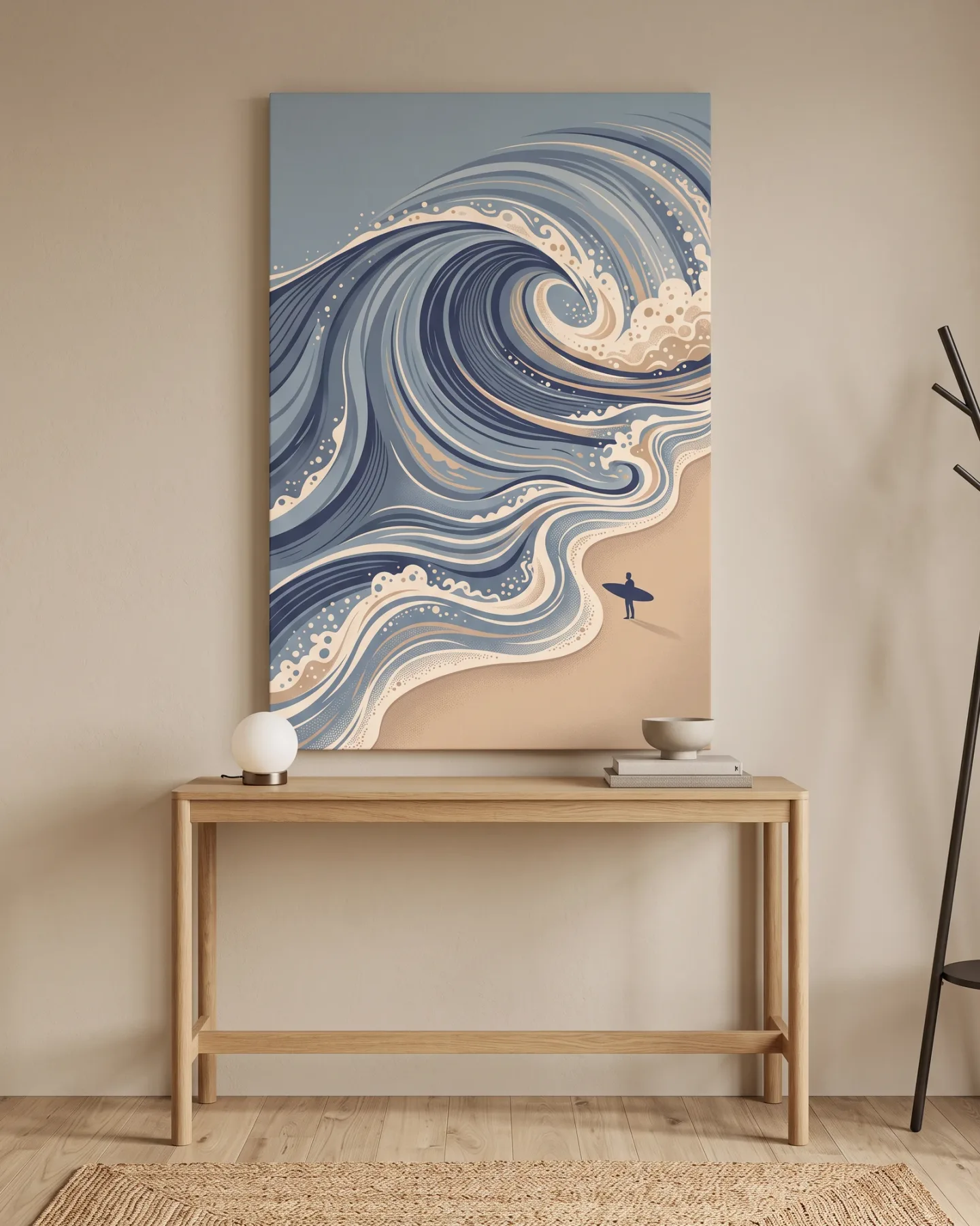 Leinwandbild – Hohe Welle mit kleiner Surfersilhouette