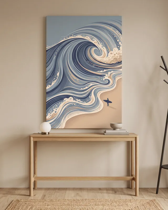 Leinwandbild – Hohe Welle mit kleiner Surfersilhouette