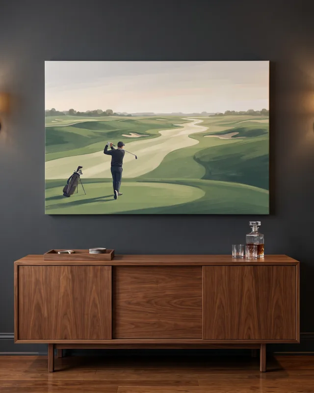 Leinwandbild – Golfer auf weitem Golfplatz