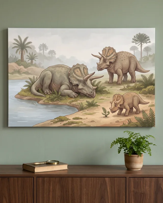 Leinwandbild – Familie von Triceratops am Wasser