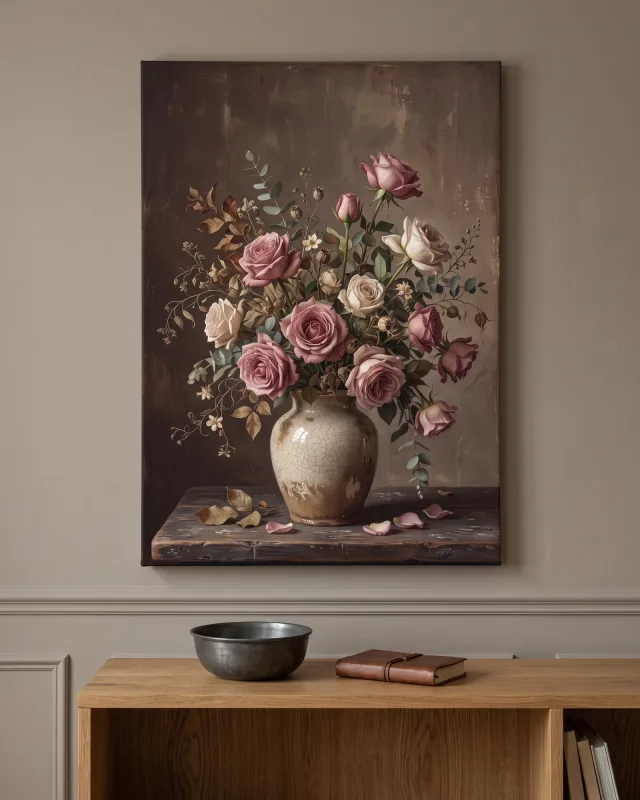 Leinwandbild – Rosen mit Eukalyptus in heller Keramikvase