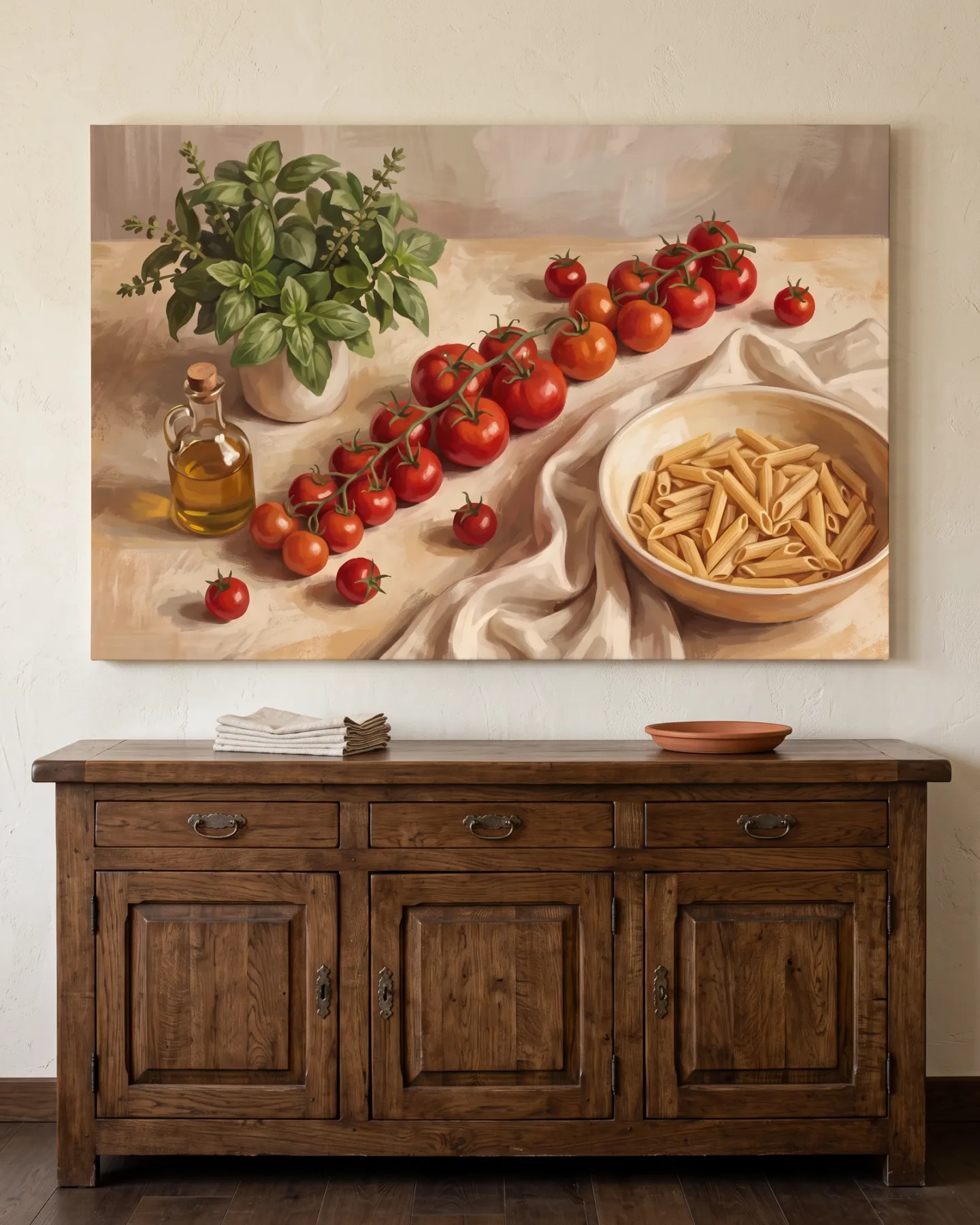 Leinwandbild – Stillleben mit Tomaten, Kräutern und Pasta