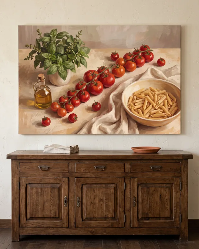 Leinwandbild – Stillleben mit Tomaten, Kräutern und Pasta
