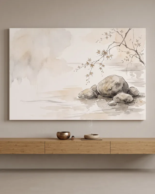 Canvas print – Rounded Stones beneath Delicate Autumn Leaves