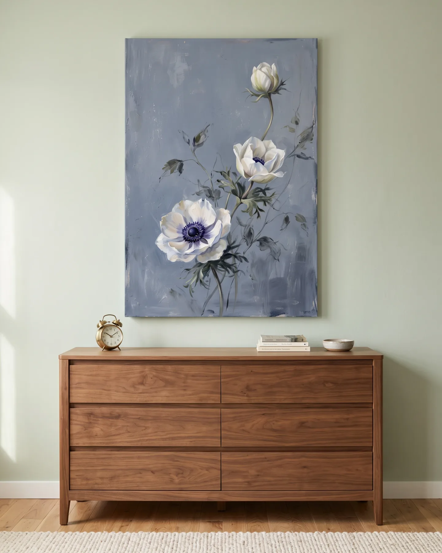 Leinwandbild – Weiße Anemonen mit aufsteigender Knospe