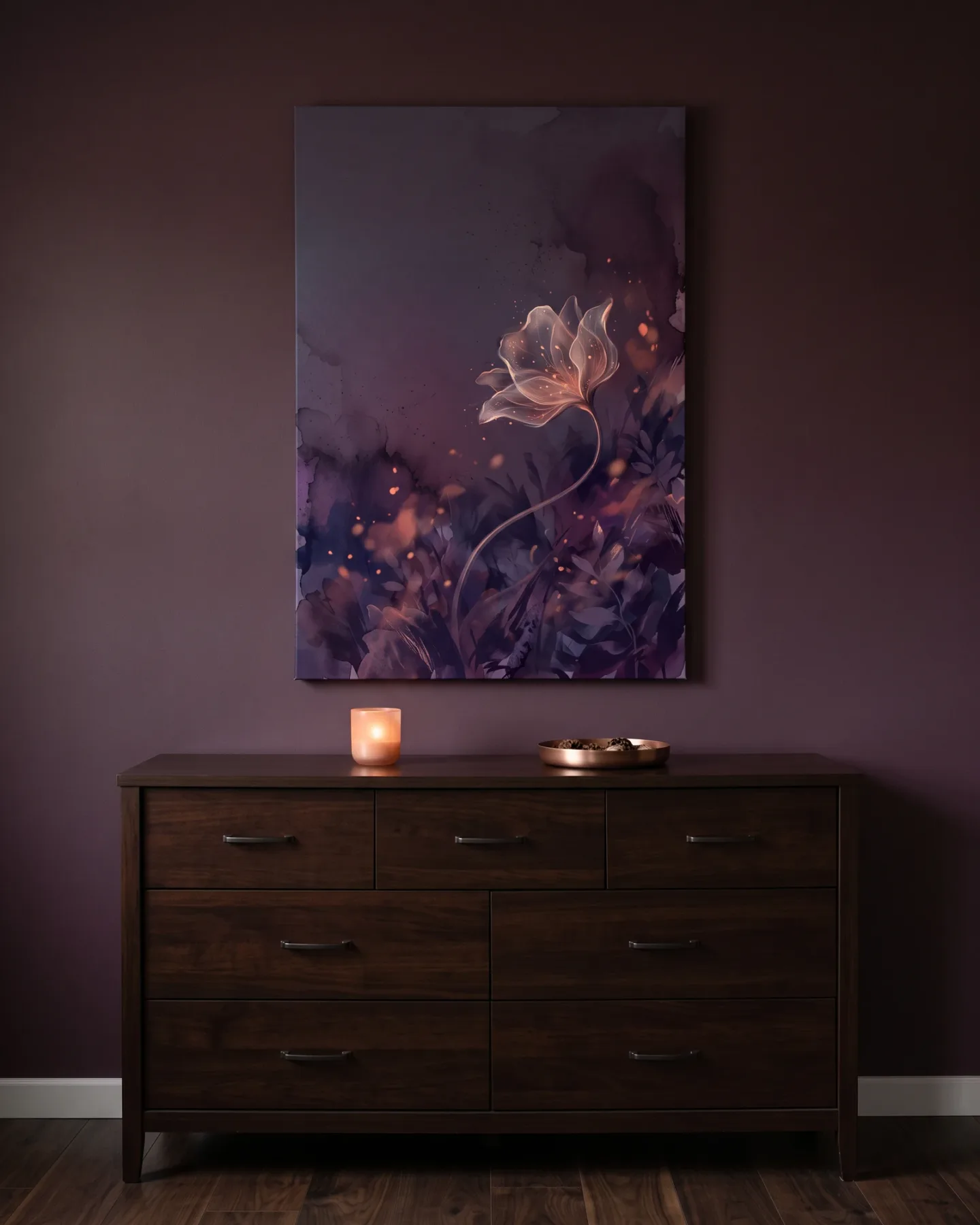 Leinwandbild – Leuchtende Blüte im violetten Abendlicht